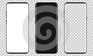 Mobile phone with black  white blank and transparent screen. Set of realistic modern smartphone on transparent background.