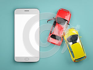 Mobile phone with blank display.Two cars crash in accident.Top view.Concept for insurance.