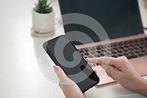 Mobile phone blank screen with hand woman finger, female using smartphone empty display connection, application, network
