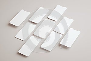 Mobile phone blank screen mockup and multiple slides floating in 3D rendering. App interface, ux ui, and web design template