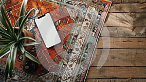 Mobile phone with blank screen on ornamental wooden table and carpet. Flat lay, top view template