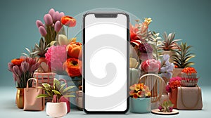 Mobile phone with blank screen on shop background with flowers gifts and plant gifts AI Generated