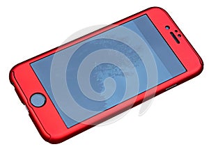 A Mobile Phone In A Bright Red Case Isolated With PNG File