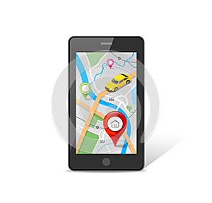 Mobile phone car navigation maps vector, with red color point markers