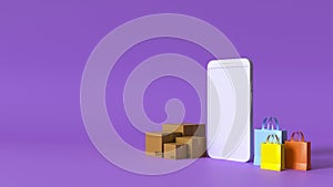 Mobile phone with cardboard box and paper shopping bag on purple background for online shopping concept idea, 3d rendering