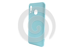 Mobile phone case isolated on white background. Smart phone case isolated. Blue silicone case for smartphone or phone with cutouts