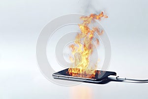 Mobile phone catches fire whilst charging. Fire hazard from mobile device. ai generative