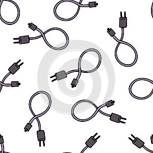 Mobile phone charger seamless vector pattern. Grey USB cable with adapter for charging smartphone, tablet, gadgets. Hand