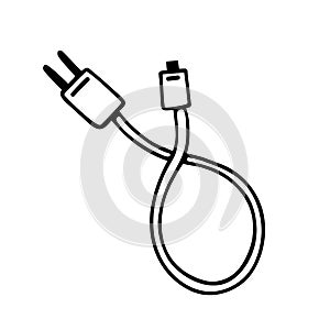 Mobile phone charger. Simple vector icon. USB cable with adapter for charging your headphones, tablet, computer. Hand