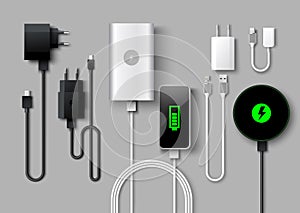 Mobile phone charger supply realistic vector set