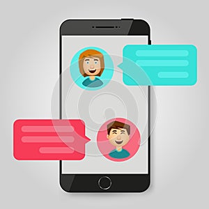 Mobile phone chat message notifications. Chatting bubble speeches, concept of online talking, speak, conversation, dialog. Vector