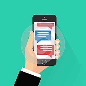 Mobile phone chat message notifications illustration on color background, hand with smartphone and chatting bubble photo