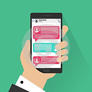 Mobile phone chat message notifications vector on color background, hand with smartphone and chatting bubble