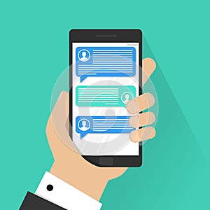 Mobile phone chat message notifications vector isolated on color background, hand with smartphone and chatting bubble