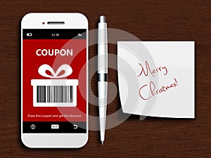 Mobile phone with christmas coupon, pen and christmas wishes