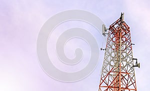 Mobile phone communication and network signal repeater antenna tower with blue sky background. With copy space for text or design