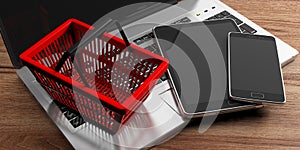 Mobile phone, computer laptop, tablet and a red shopping basket on wooden background. 3d illustration