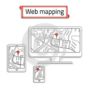 Mobile Phone, computer (PC) and tablet with Internet map. Title web mapping inside the red box.