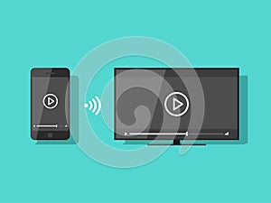 Mobile phone connected to TV streaming video vector illustration