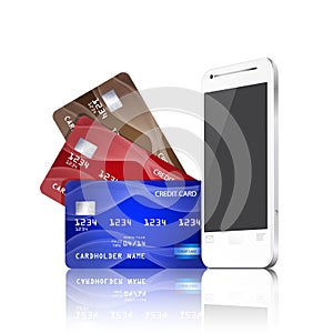 Mobile phone with credit cards. Payment concept.