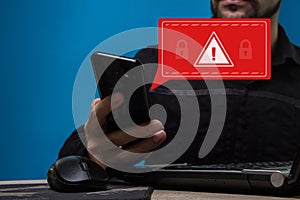 Mobile phone data breach warning. The concept of a cyber attack on a computer network.