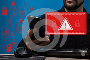 Mobile phone data breach warning. The concept of a cyber attack on a computer network.