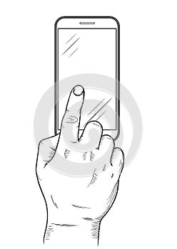 Mobile phone display with hand, finger touch screen, Press the button, top view. Vector