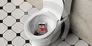 Mobile phone dropped in bathroom toilet bowl, 3d illustration