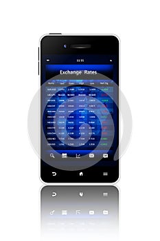 Mobile phone with exchange rates screen isolated over white