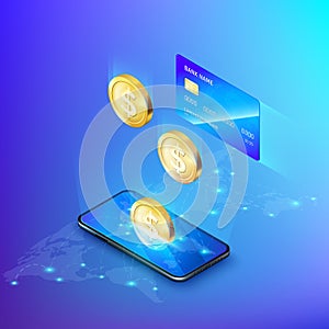 Mobile phone and falling gold coin credit card. concept of banking online or deposit money isometric banner. Global payment