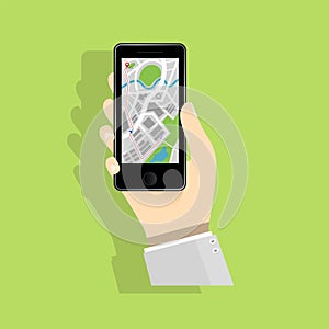 Mobile phone flat design and map application, hand holding concept, Technology evolution