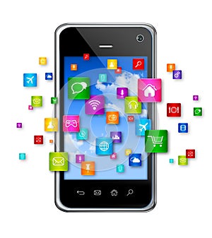 Mobile Phone and flying apps icons