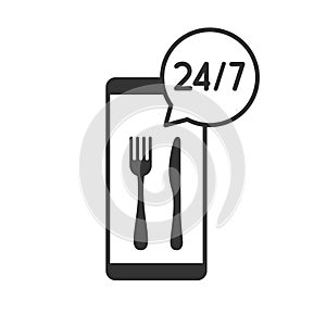 Mobile phone with fork and knife. 24/7 food delivery icon inside speech bubble.