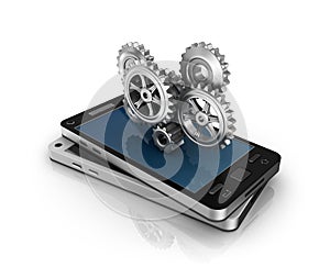 Mobile phone and gears. Application development concept.