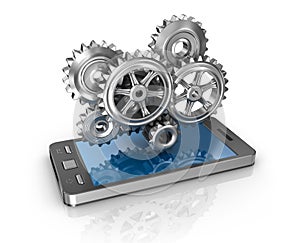 Mobile phone and gears. Application development concept.