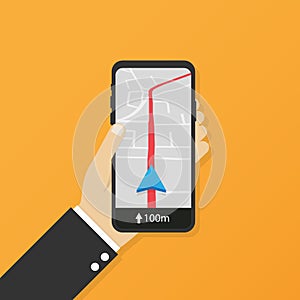 Mobile phone geo location, smartphone gps navigator city map and pin road pointer, roadmap direction. Vector illustration.