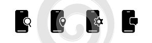 Mobile phone glyph icon. Smartphone with loupe. Mobile phone with gearwheel. Smartphone icon with location. Stock vector