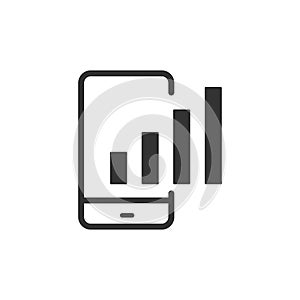 Mobile phone with graph icon. chart, diagram vector icon on white background