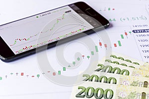 Mobile phone with green czech money on economic charts