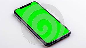 Mobile phone with green screen layout top side view isolated on blank background wide size 16:9