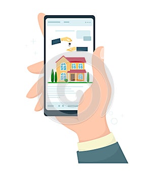 Mobile phone in a hand. Application. Buying or searching for real estate online. Realtor. Vector illustration in cartoon flat styl