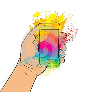 Mobile phone in hand. Clip art illustration