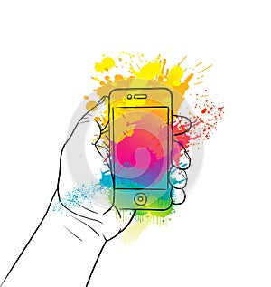 Mobile phone in hand. Clip art illustration