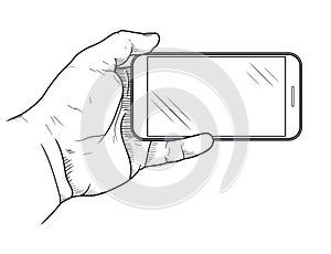 Mobile phone in hand front view. Sketch of hand holding empty smartphone. Vector