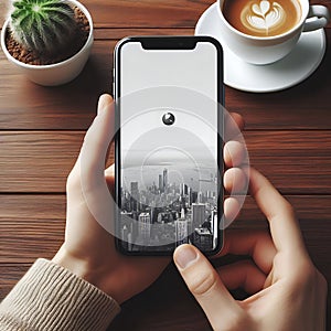 Mobile phone in the hand of a man sitting at a wooden table. Black and white drawing of a city on a phone screen. There