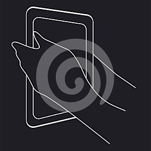 Mobile phone in the hand of a man or woman.Hand-drawing line black and white illustration.