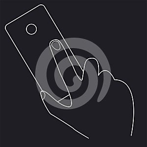 Mobile phone in the hand of a man or woman.Hand-drawing line black and white illustration.