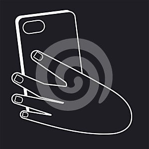 Mobile phone in the hand of a man or woman.Hand-drawing line black and white illustration.