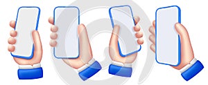 Mobile phone in hand mockup. Cartoon hand holding smartphone with empty screen and blue frame around display, app