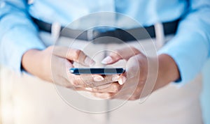 Mobile phone hands, business woman and digital contact, communication and texting on smartphone tech. Closeup person